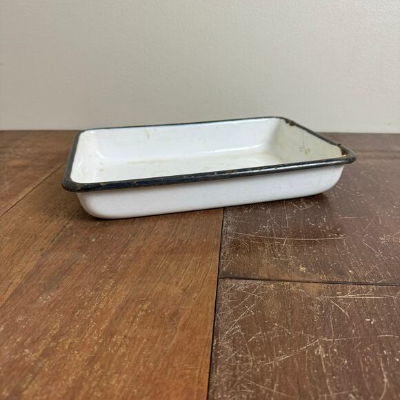 Enamelware White Black Rectangular Dish Pan VINTAGE Well‎ Loved Decor - Picture 1 of 14